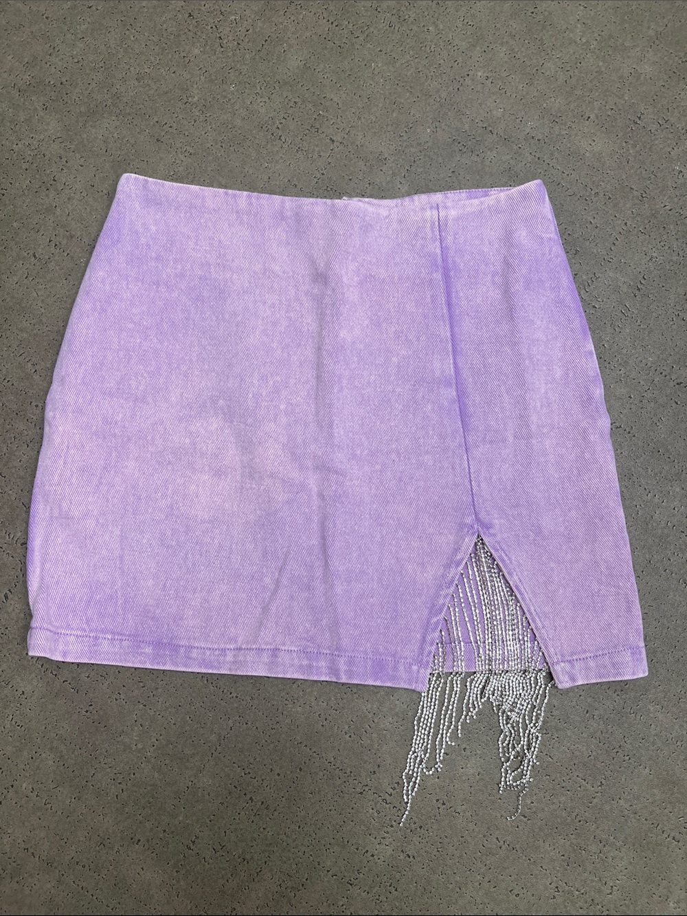 Lilac Denim Mini Skirt with Side Slit and Rhinestones